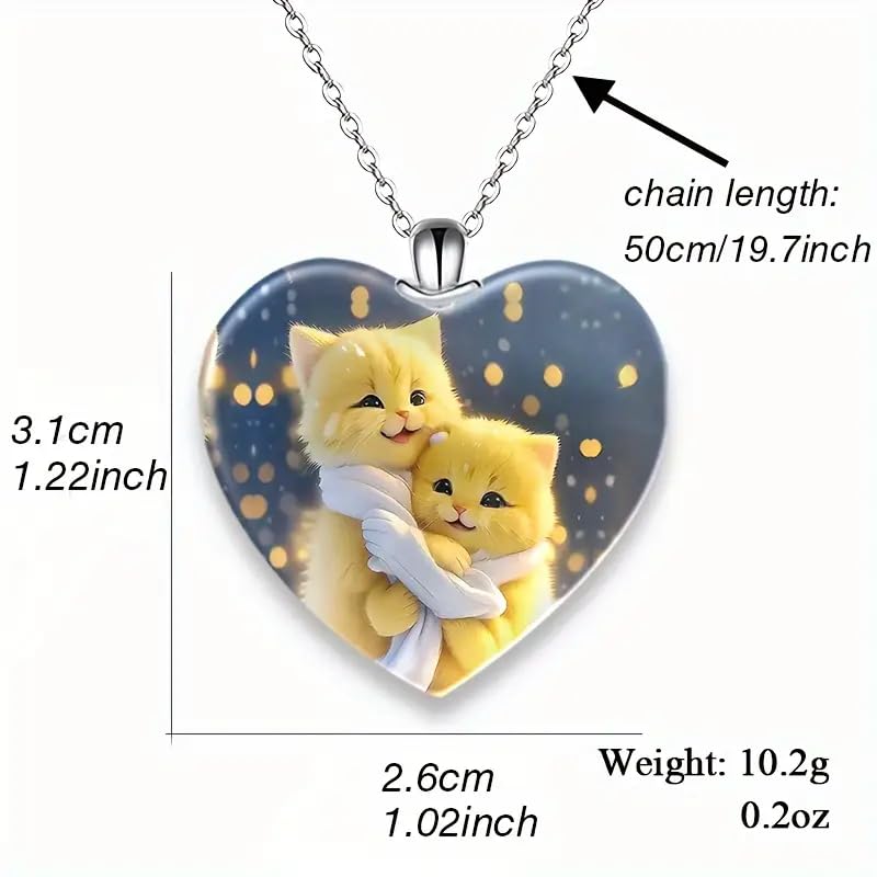 Cute Yellow Cats Hugging Heart Pendant Necklace, Crystal Glass Pendant, Stainless Steel Chain 'I Love you Today, Tomorrow, Always' Engraved - Christmas, Holiday, or Birthday Gift