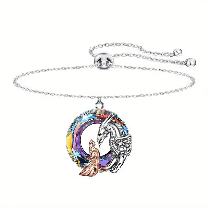 Fantasy Dragon and Maiden Jewelry Set, 4-Piece Rainbow Crystal Collection, Necklace Bracelet Earrings Keychain, Silver