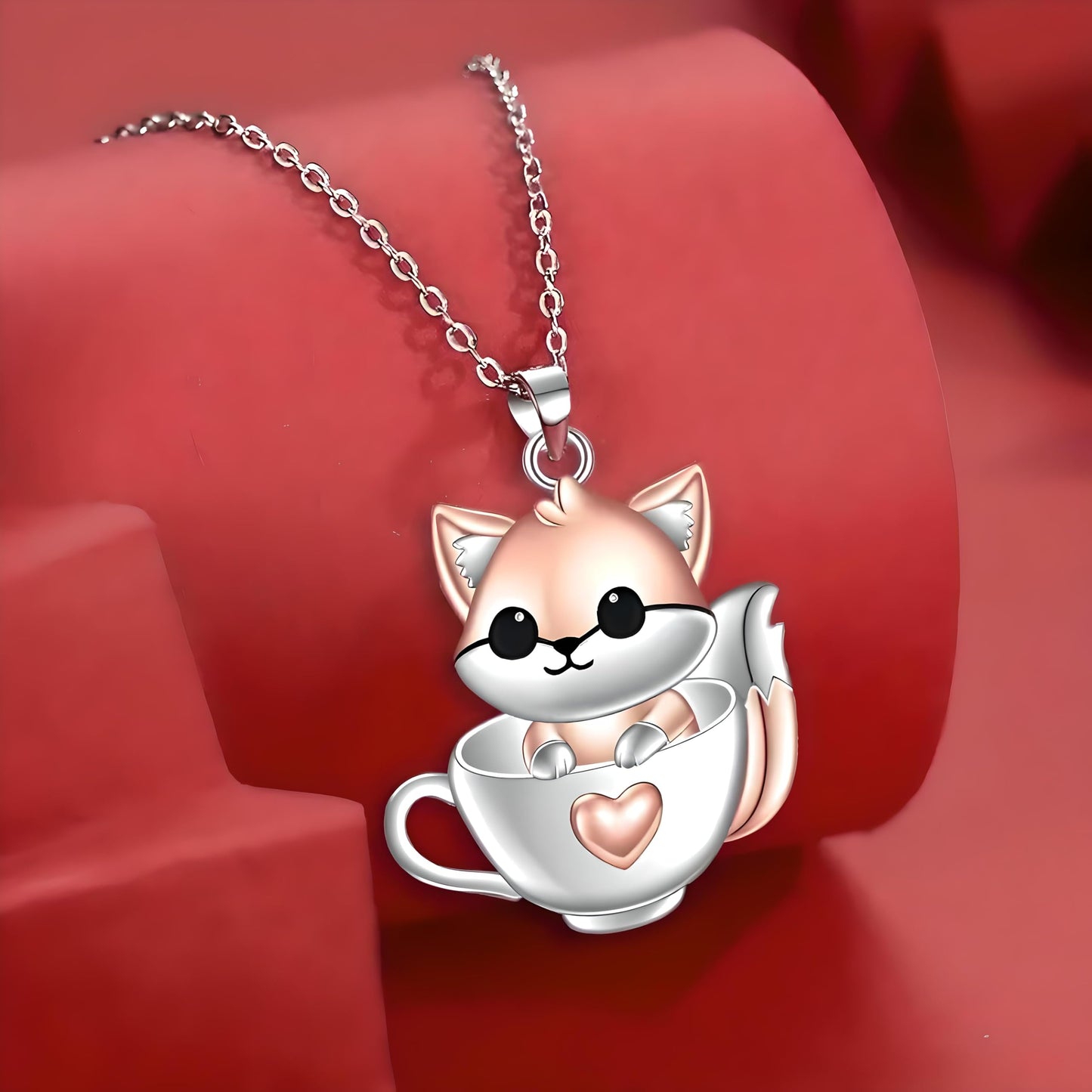 SUPAC Charming Fox in a Coffee Mug Pendant Necklace - Sparkling White, Golden Plated, Alloy & Resin