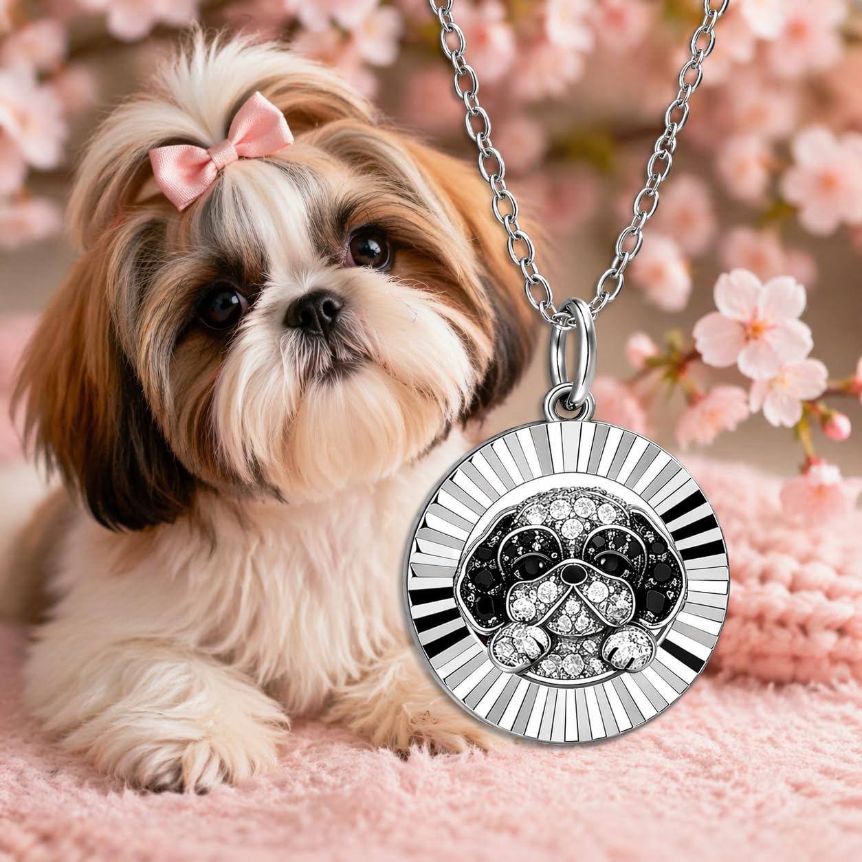 SUPAC Shih Tzu Pendant Necklace, Stainless Steel with Silver Plating, Round Coin Charm, Crystal Accents, Dog Lover Gift