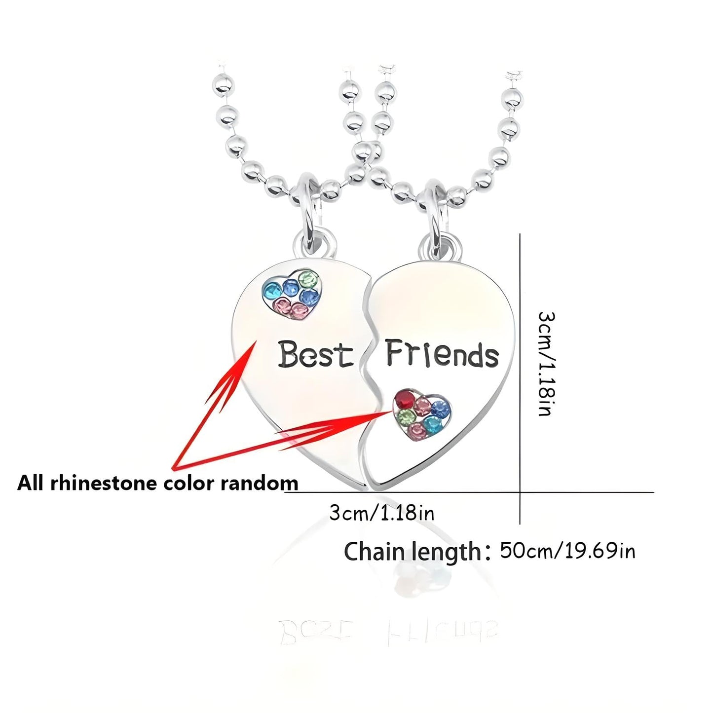 Best Friends Split Heart Pendant Necklace, 2 PC/set, with Rhinestones, 19.7 inch Silver Ball Chain