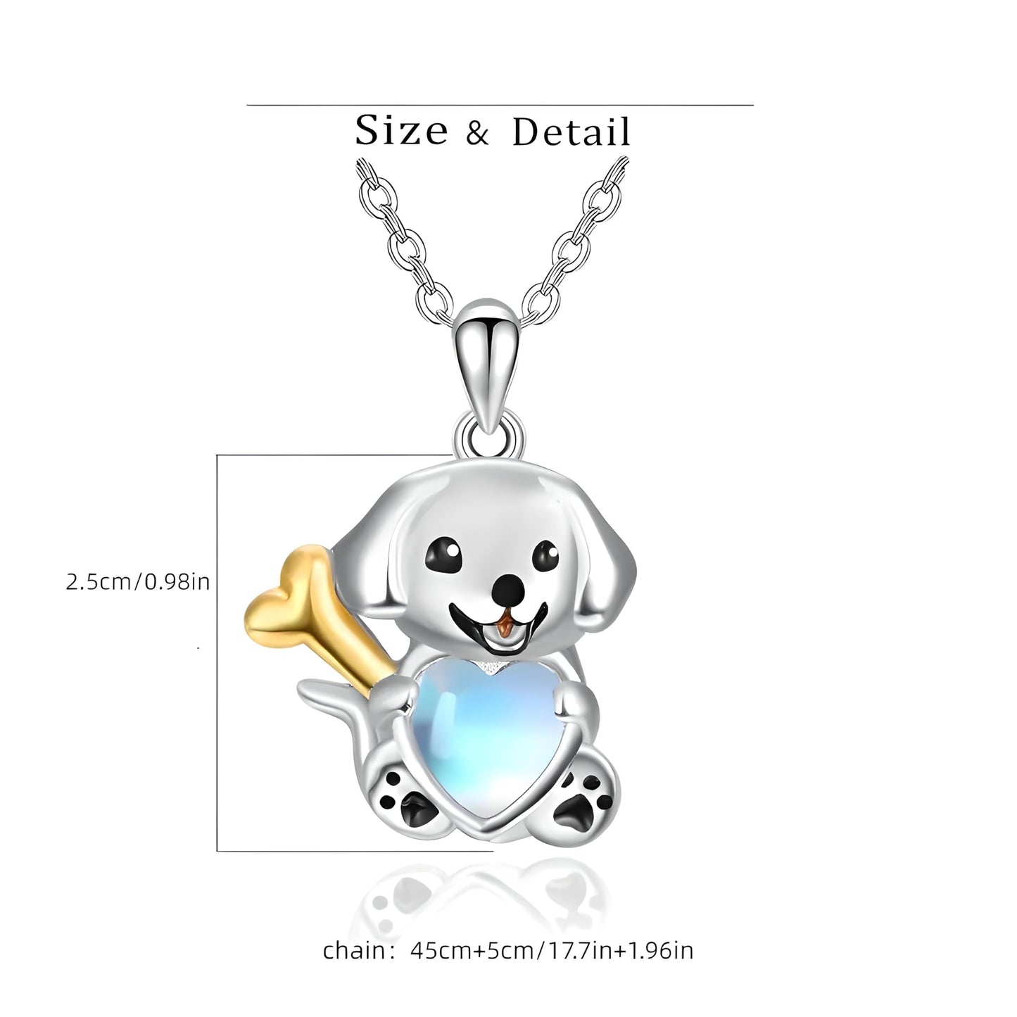 Cute Puppy Pendant Necklace with Blue Heart and Gold Bone, 17.7 inch Chain, Silver
