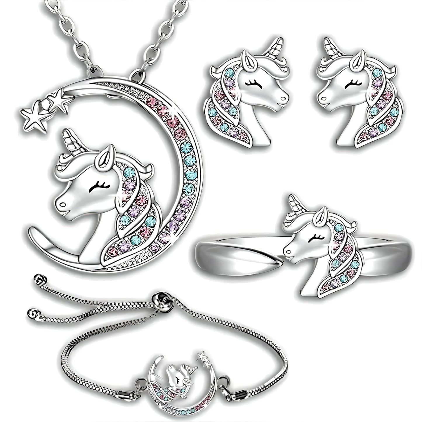 Unicorn Crystal Jewelry Set, Moon Necklace, Earrings, Ring and Bracelet, Silver - Unicorn Jewerly Gift
