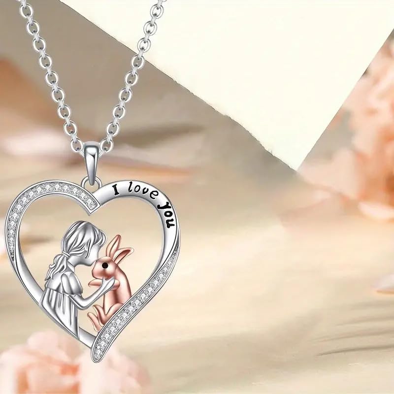 SUPAC Charming Woman & Rabbit Heart Pendant Necklace, I Love You, White Golden Plated Alloy, Birthday or Christmas Gift