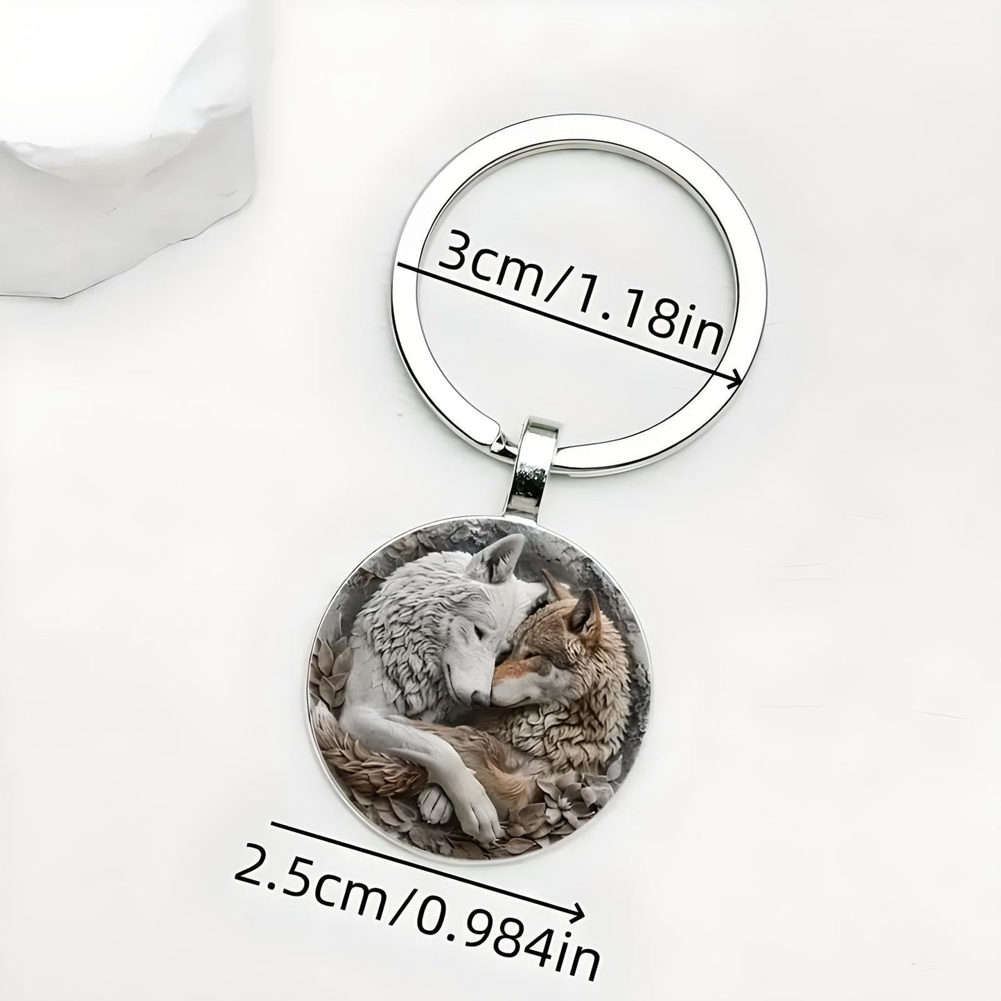 Mountain Sunset Stained Glass Art Keychain, Nature Scene Design, Round Pendant (Wolf Hug)