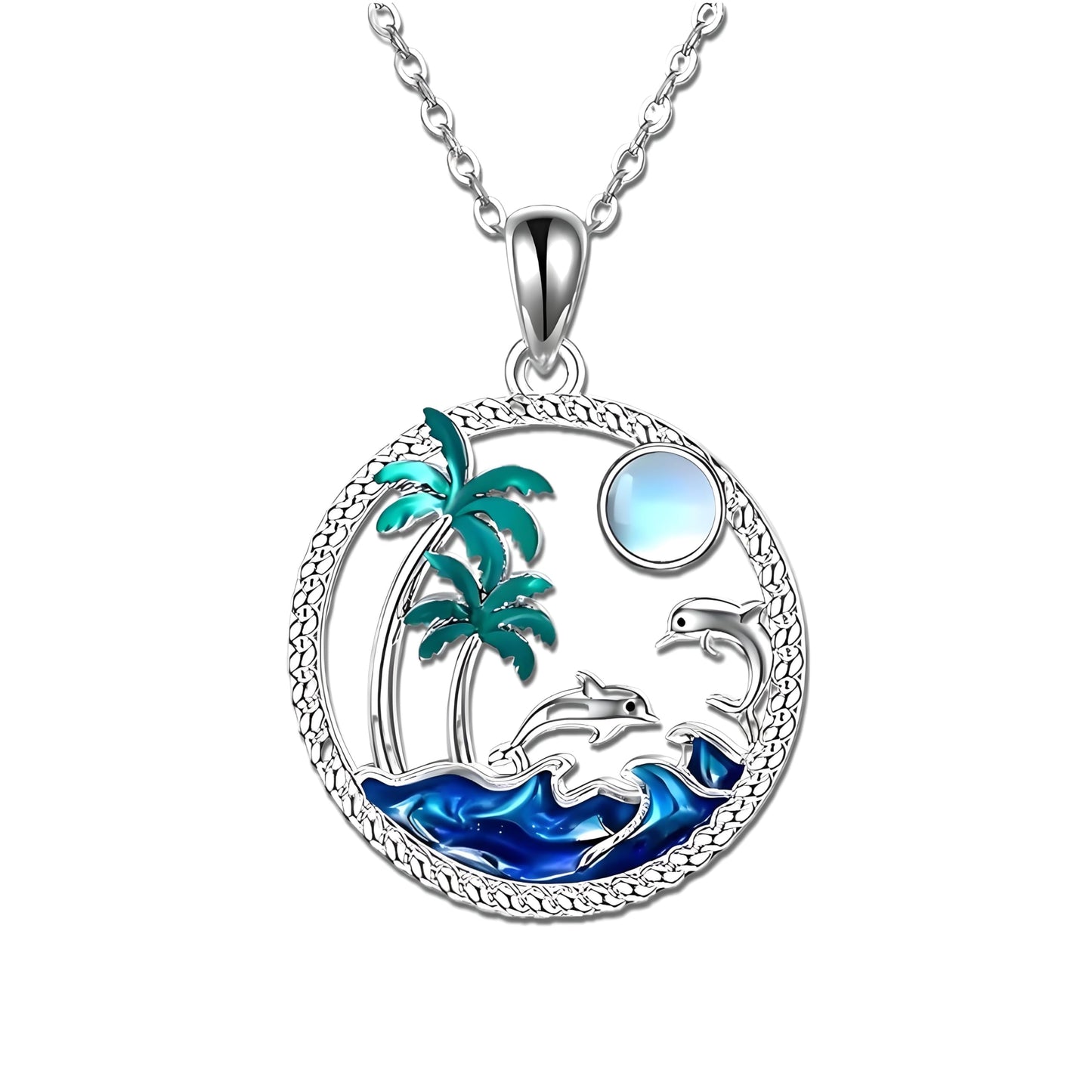 Tropical Beach Pendant Necklace, Sterling Silver Dolphin and Palm Tree Design, 19.7 Inch Chain