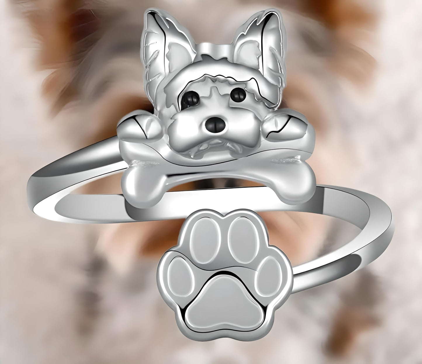 German Shepherd, Yorkie, Pug Dog Paw Adjustable Ring, Sterling Silver, Paw Print Design with Crystal Accents - Christmas, Birthday, or Party Ring