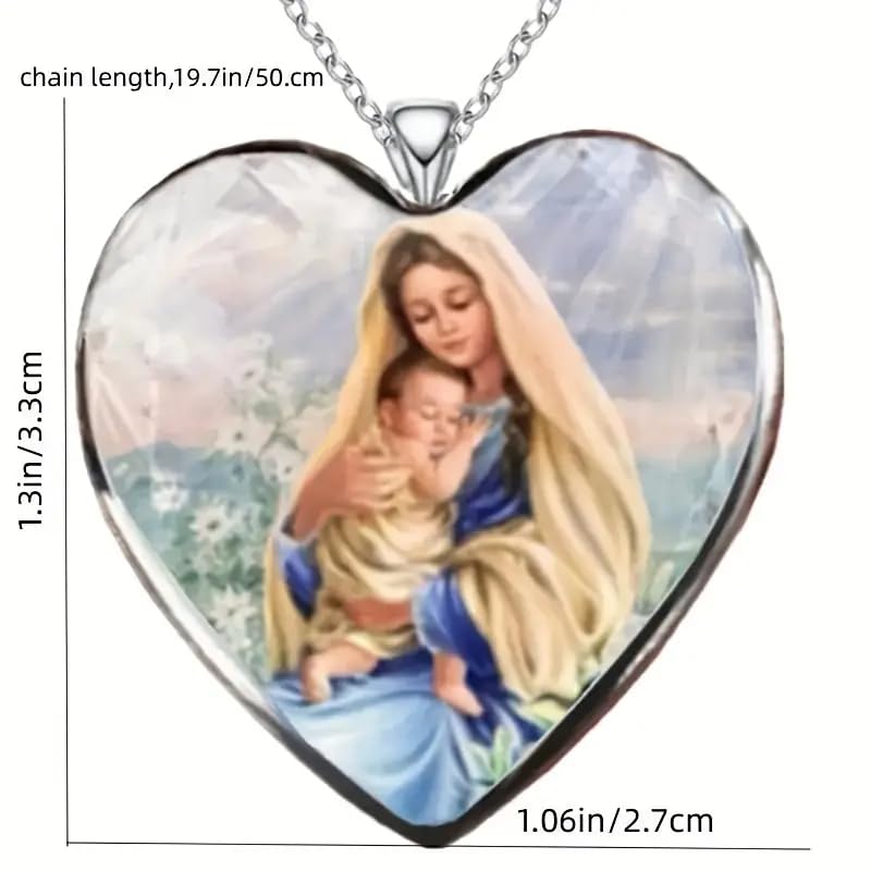 Glass Mother Mary Image with Heart Pendant Necklace, Stainless Steel Chain - Holiday, Christmas, or Birthday Gift