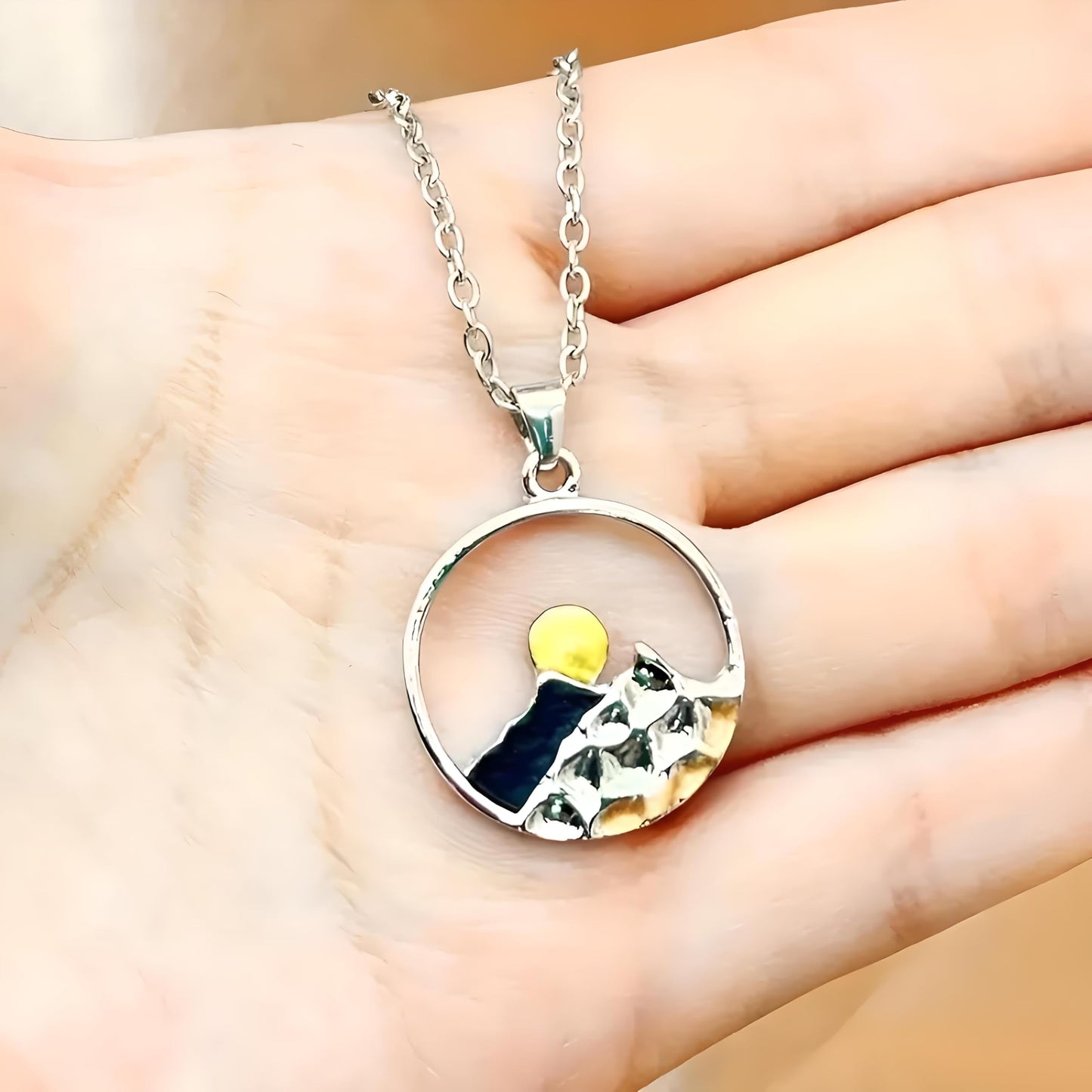 Mountain Scene Pendant Necklace, Silver Chain, Nature Landscape Design, Circle Pendant