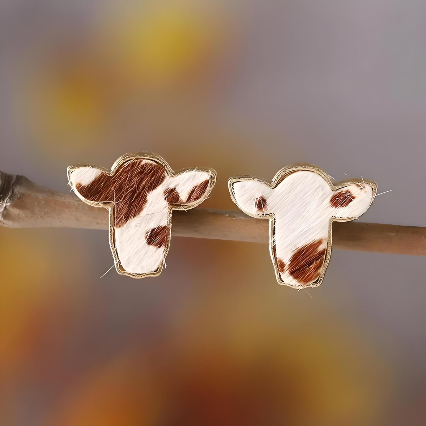 Cowhide Print Stud Earrings, 3-Set Gold-Tone Farm Animal Design, 0.78 x 0.62 inches -Brown, Orange, and Black Colors