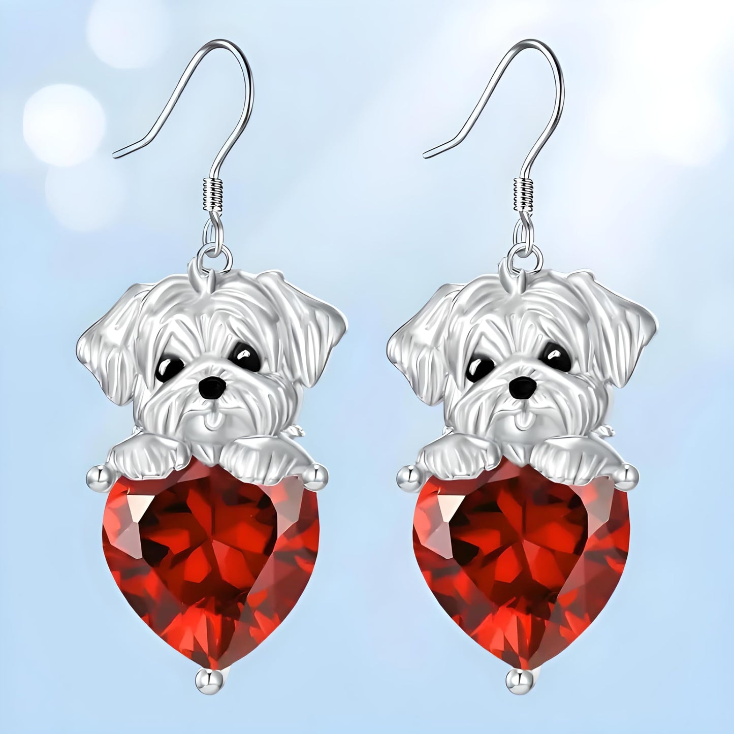 Decorative Dog Dangle Earrings, Blue Crystal Heart, Silver Shih Tzu Design