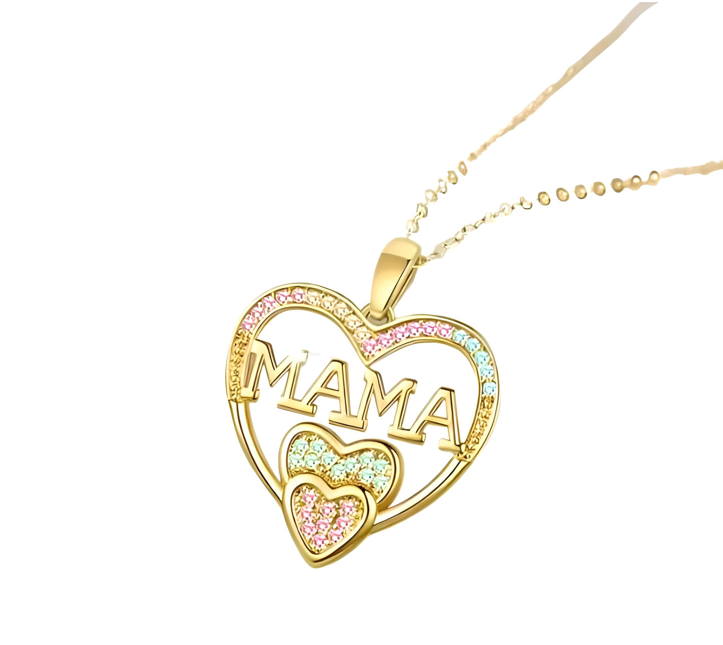Gold Heart Shaped "MAMA" Necklace, Sparkling Stainless Steel Necklace- with Blue and Pink Simulated Diamonds, Christmas or Birthday Gift
