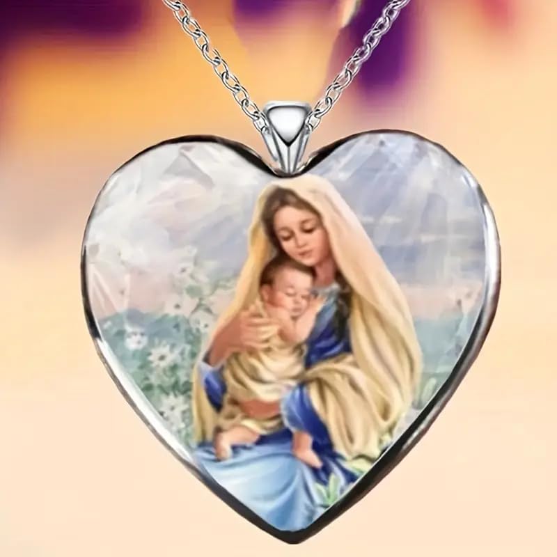 Glass Mother Mary Image with Heart Pendant Necklace, Stainless Steel Chain - Holiday, Christmas, or Birthday Gift