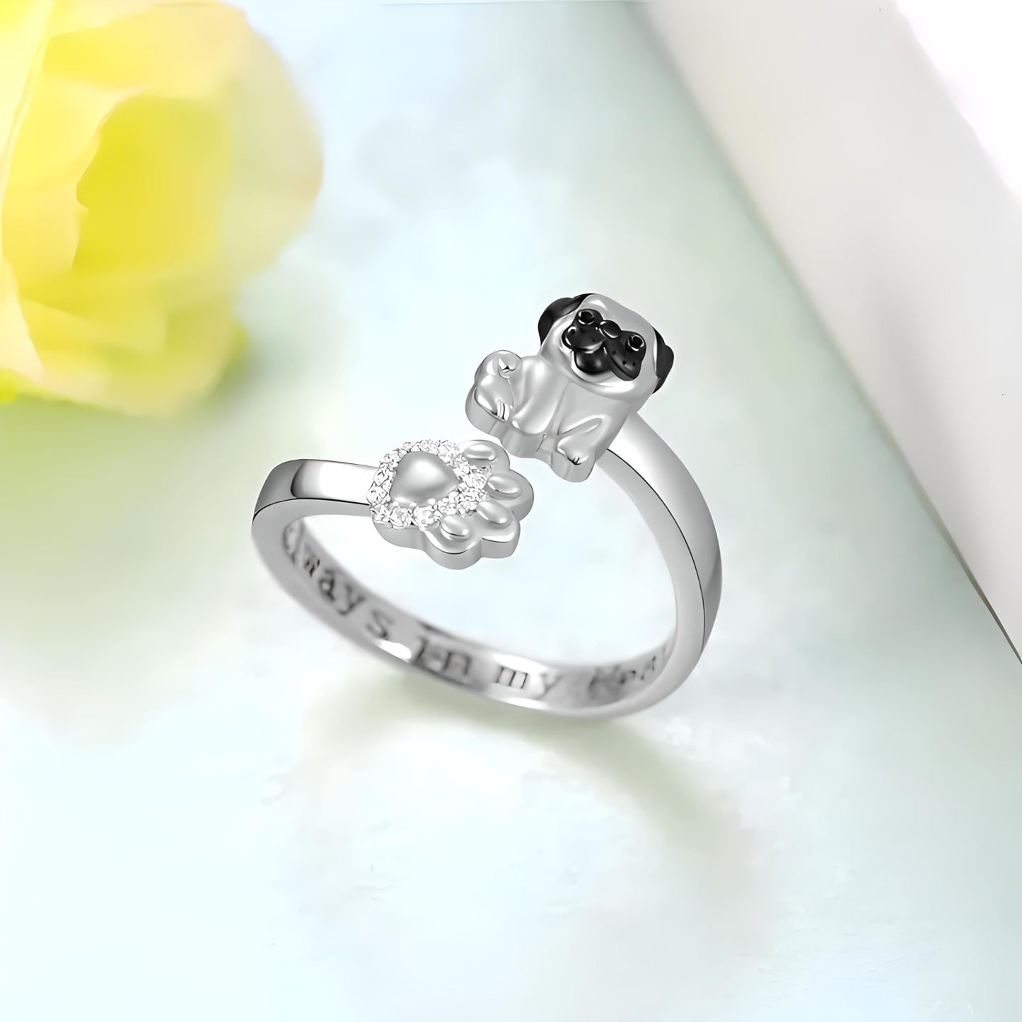 German Shepherd, Yorkie, Pug Dog Paw Adjustable Ring, Sterling Silver, Paw Print Design with Crystal Accents - Christmas, Birthday, or Party Ring