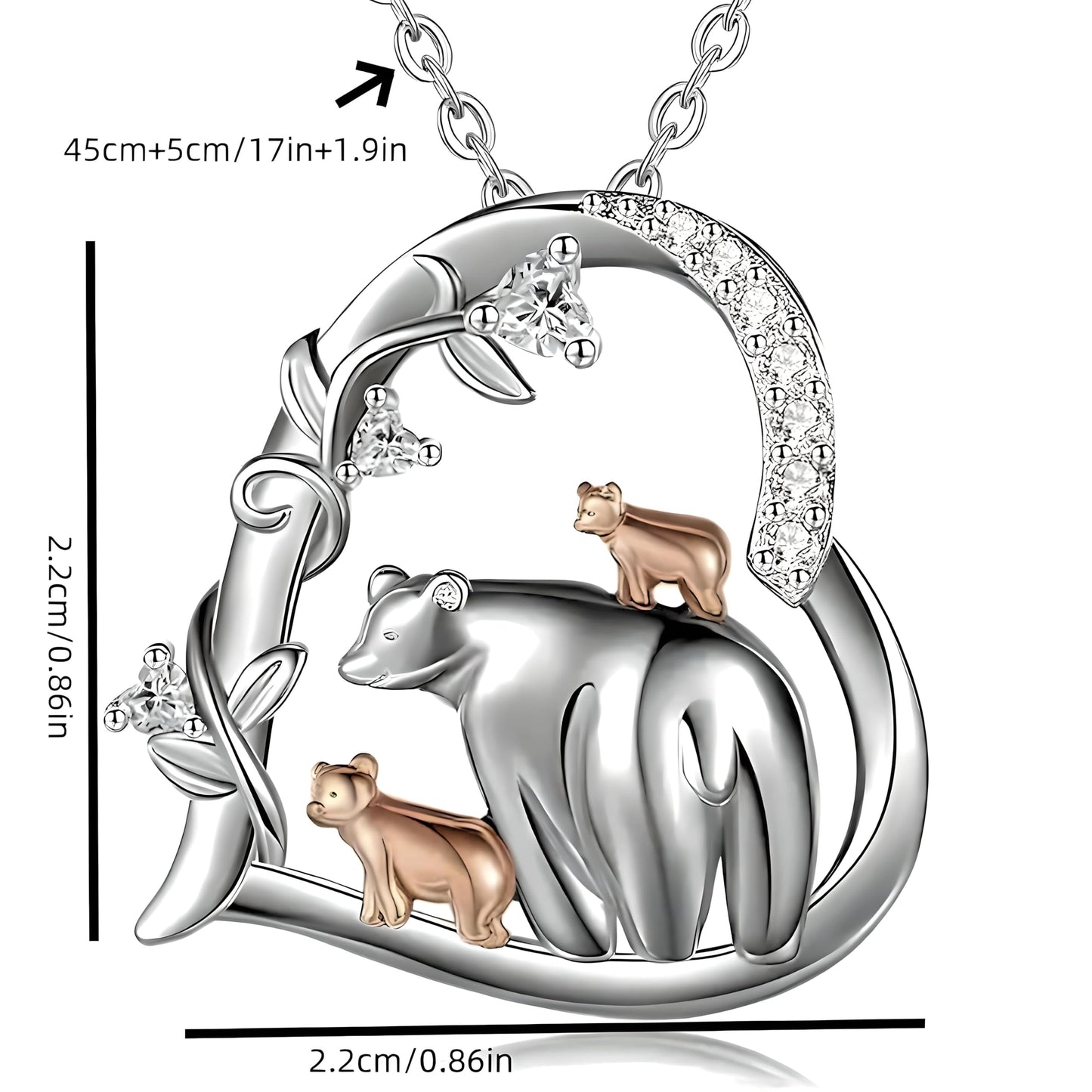 Heart-Shaped Mama Bear with Her Two Cubs Pendant Necklace for Women, Silver Plated, Synthetic Gemstones