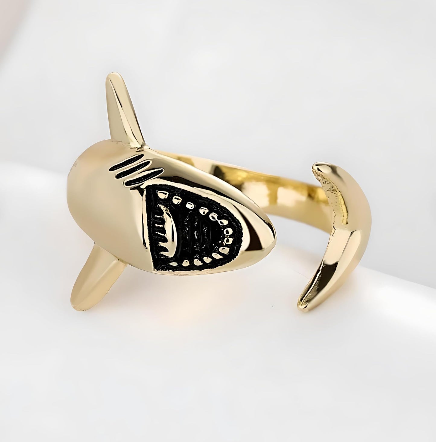 Sterling Silver Great White and Hammerhead Shark Adjustable Ring with Black Cubic Zirconia Accents