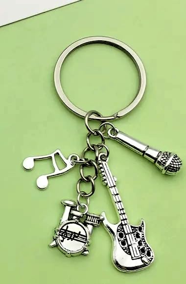 Musical Instrument Keychain with Guitar, Microphone, Drum Set and Music Note Charms