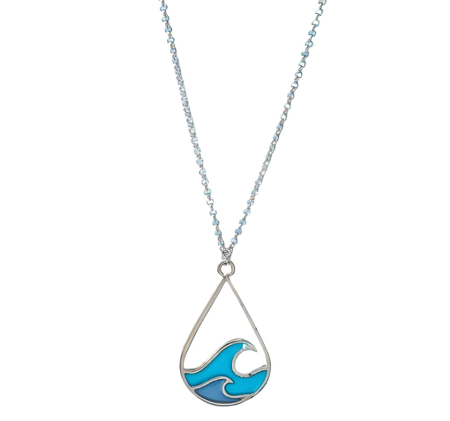 Ocean Wave Pendant Necklace, Silver Chain, Blue Enamel Design, Teardrop Shape