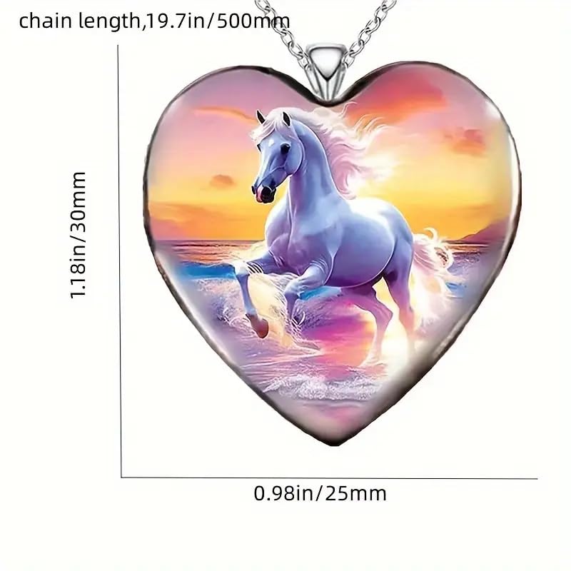 Sunset Beach Horse Running Through The Ocean Heart Pendant Necklace, Multicolor with Stainless Steel Chain - Christmas, Holiday, or Birthday Gift