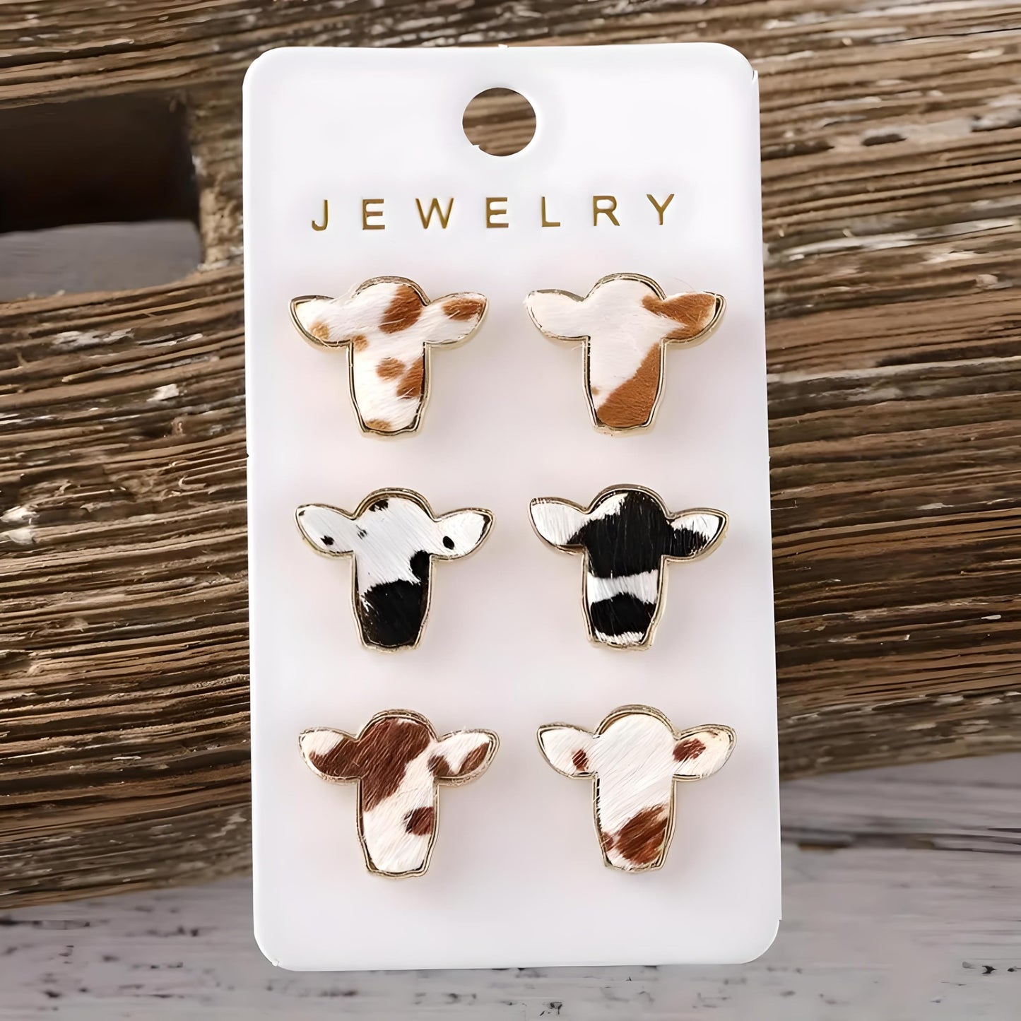 Cowhide Print Stud Earrings, 3-Set Gold-Tone Farm Animal Design, 0.78 x 0.62 inches -Brown, Orange, and Black Colors