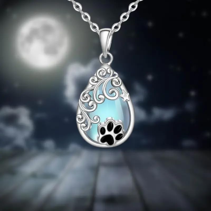 Pet Memorial Necklace, Silver Teardrop Pendant with Paw Print and Moon Stone, Cat or Dog Lovers' Gift