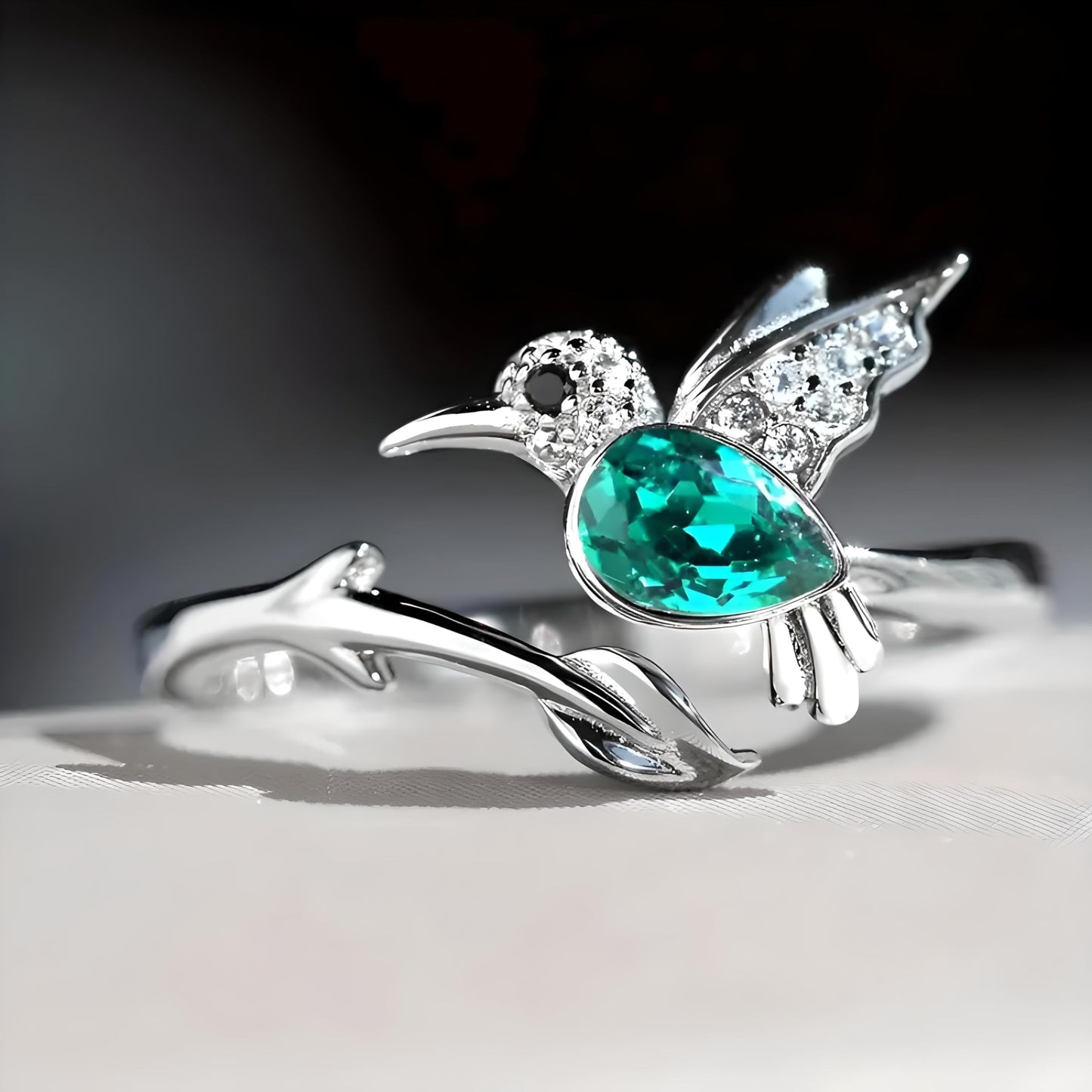 Sterling Silver Hummingbird Ring with Enamel Flowers, Adjustable, Turquoise and Purple