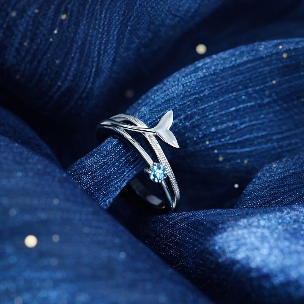 SUPAC Stainless Steel Ocean Whale Tail Ring with Blue Marble Effect, Inner Diameter 0.66 inch
