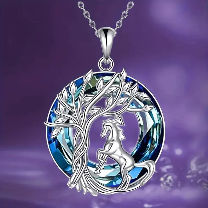 Sterling Silver Horse Tree of Life Pendant Necklace, Blue Crystal, Women's Jewelry