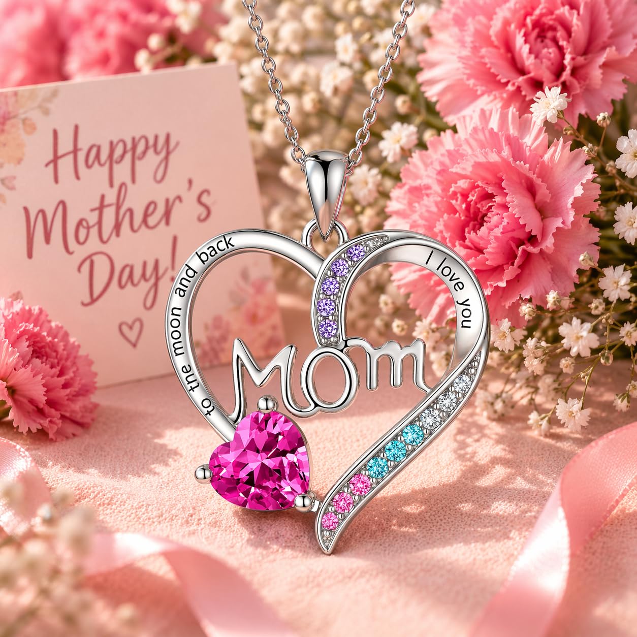 SUPAC Heart Mom Necklace, Sterling Silver Crystal Pendant with Pink Heart Stone, I Love You to the Moon and Back - Mother's Day Gift