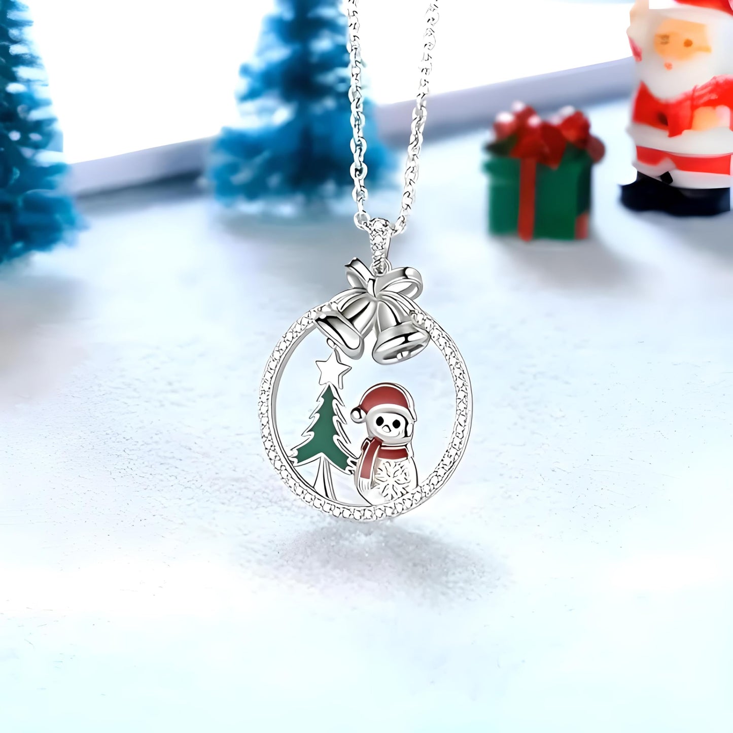 Festive Spirit Christmas Tree Snowman and Bells Pendant Necklace, Party Gift for Women