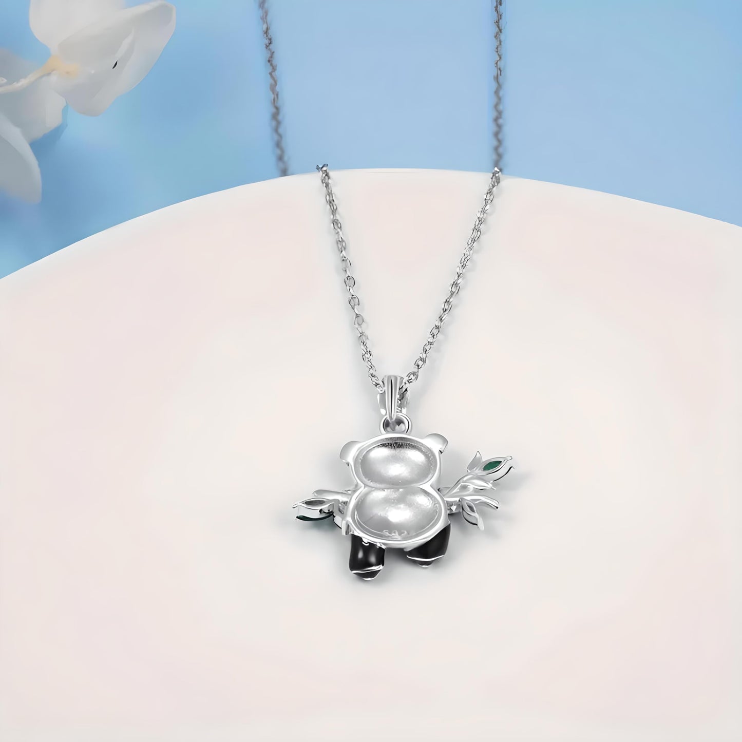Sterling Silver Panda Pendant Necklace with Green Crystal Bamboo Leaves, 0.86 x 0.69 inches