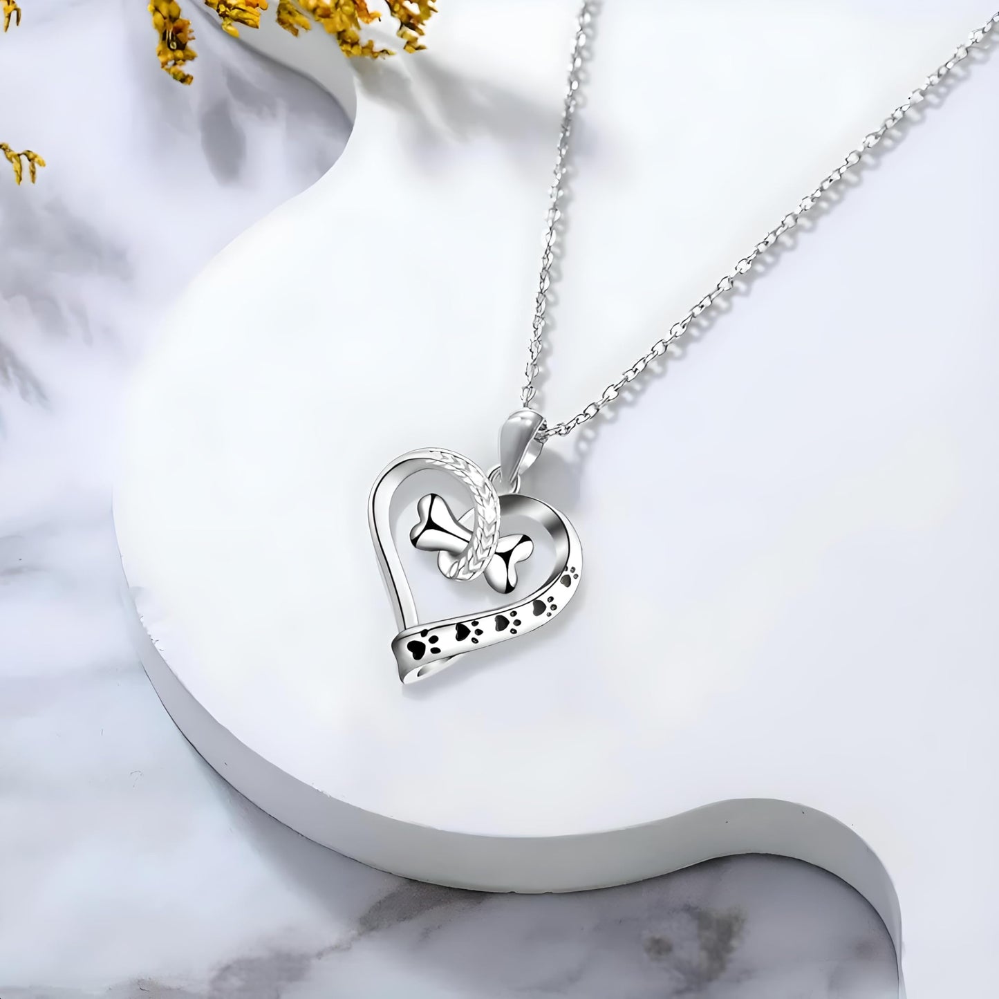 Dog Lover Heart Pendant Necklace with Bone Charm and Paw Prints, Stainless Steel Chain 17.7", Pet Memorial Jewelry