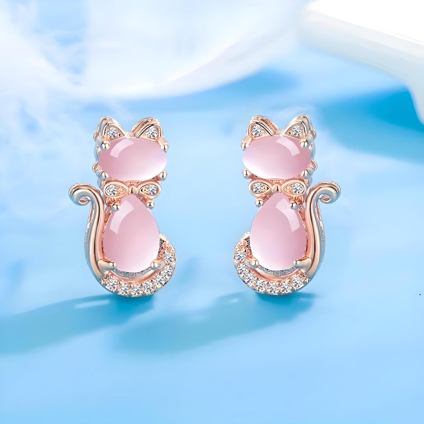 SUPAC Pink Cat Jewelry Set, Rose Gold Plated Crystal Necklace Earrings Ring, Gift for Cat Enthusiasts