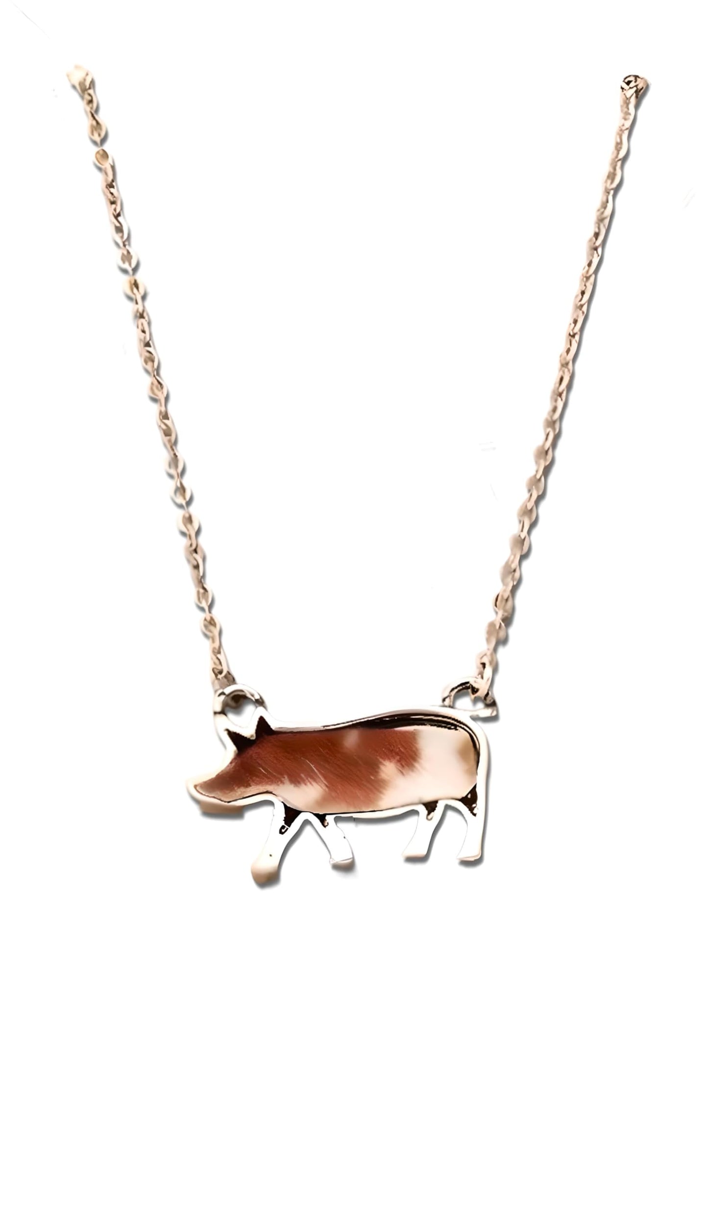 Western Farm Animal Pendant Necklace, Cow, Horse, Goat, and Pig Hide - Silver Chain, 15.35 inch + 1.97 inch Extension