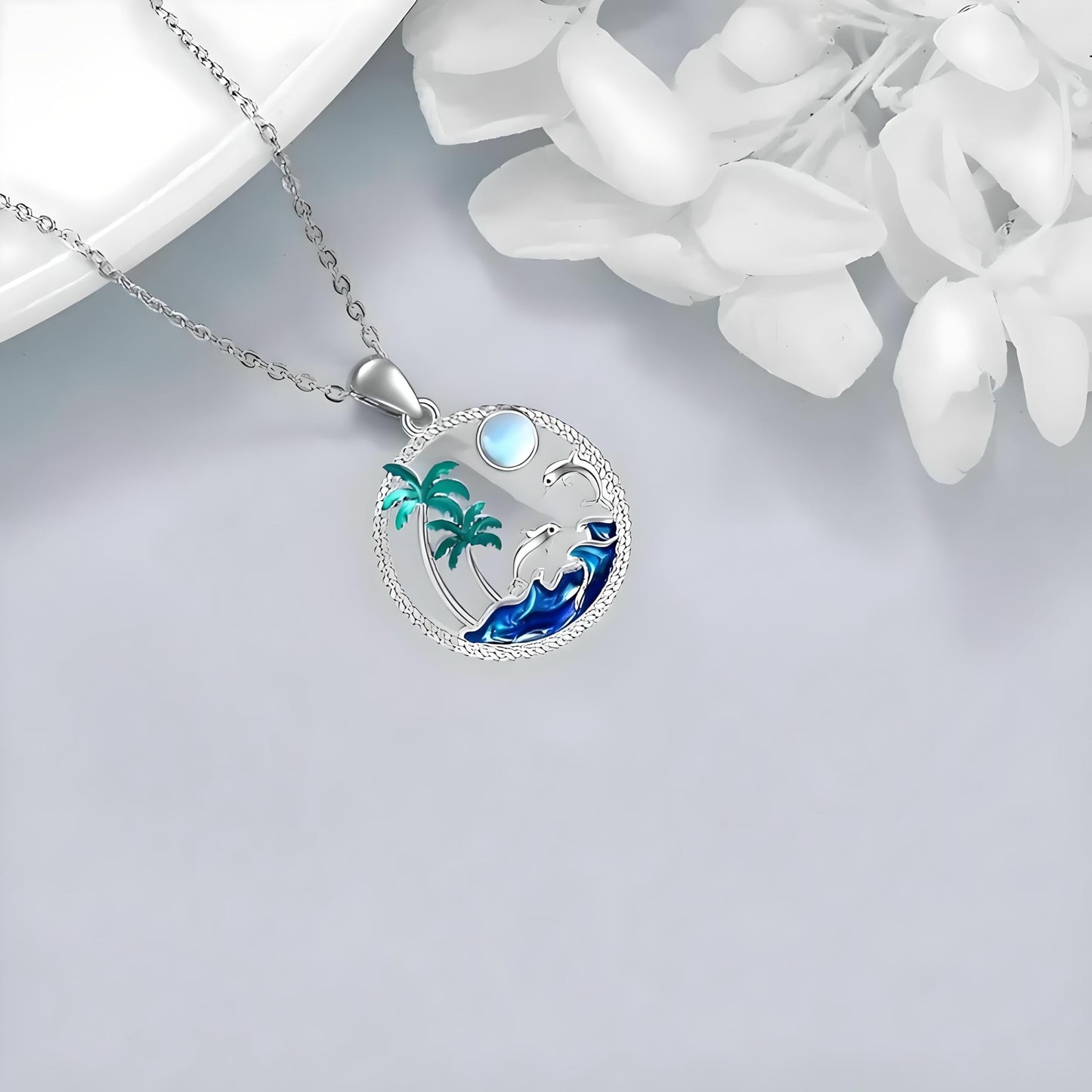 Tropical Beach Pendant Necklace, Sterling Silver Dolphin and Palm Tree Design, 19.7 Inch Chain