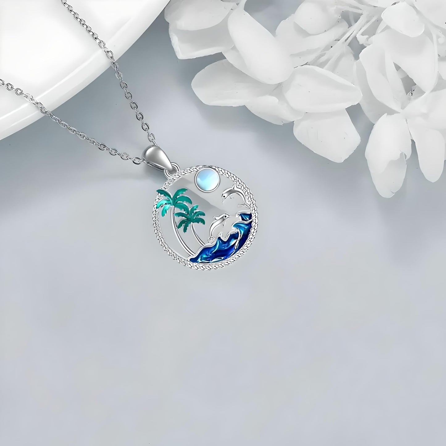 Tropical Beach Scene Pendant Necklace, Silver Chain with Dolphins and Palm Trees, Blue Ocean Wave Design, 17.7 + 2 Inch