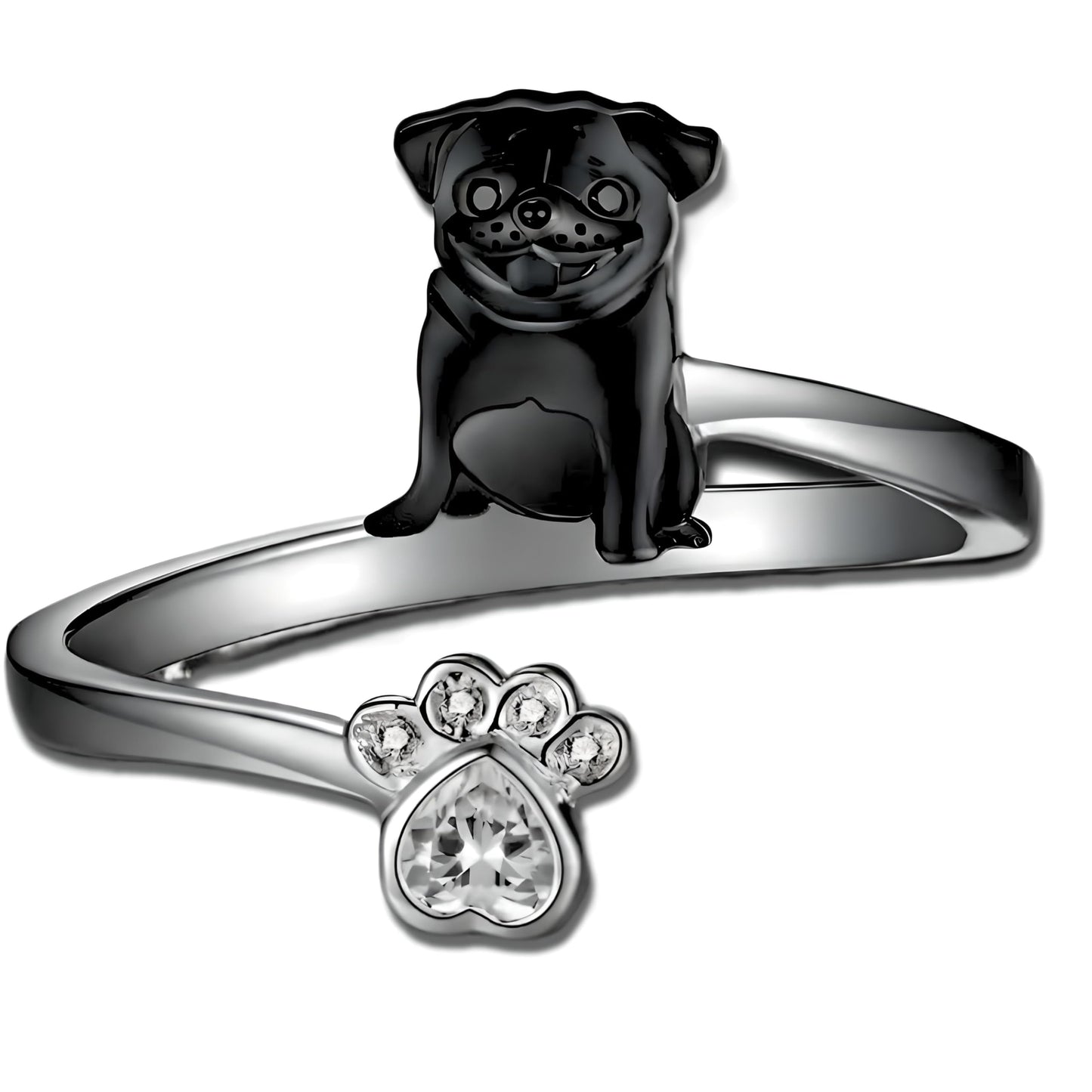 German Shepherd, Yorkie, Pug Dog Paw Adjustable Ring, Sterling Silver, Paw Print Design with Crystal Accents - Christmas, Birthday, or Party Ring