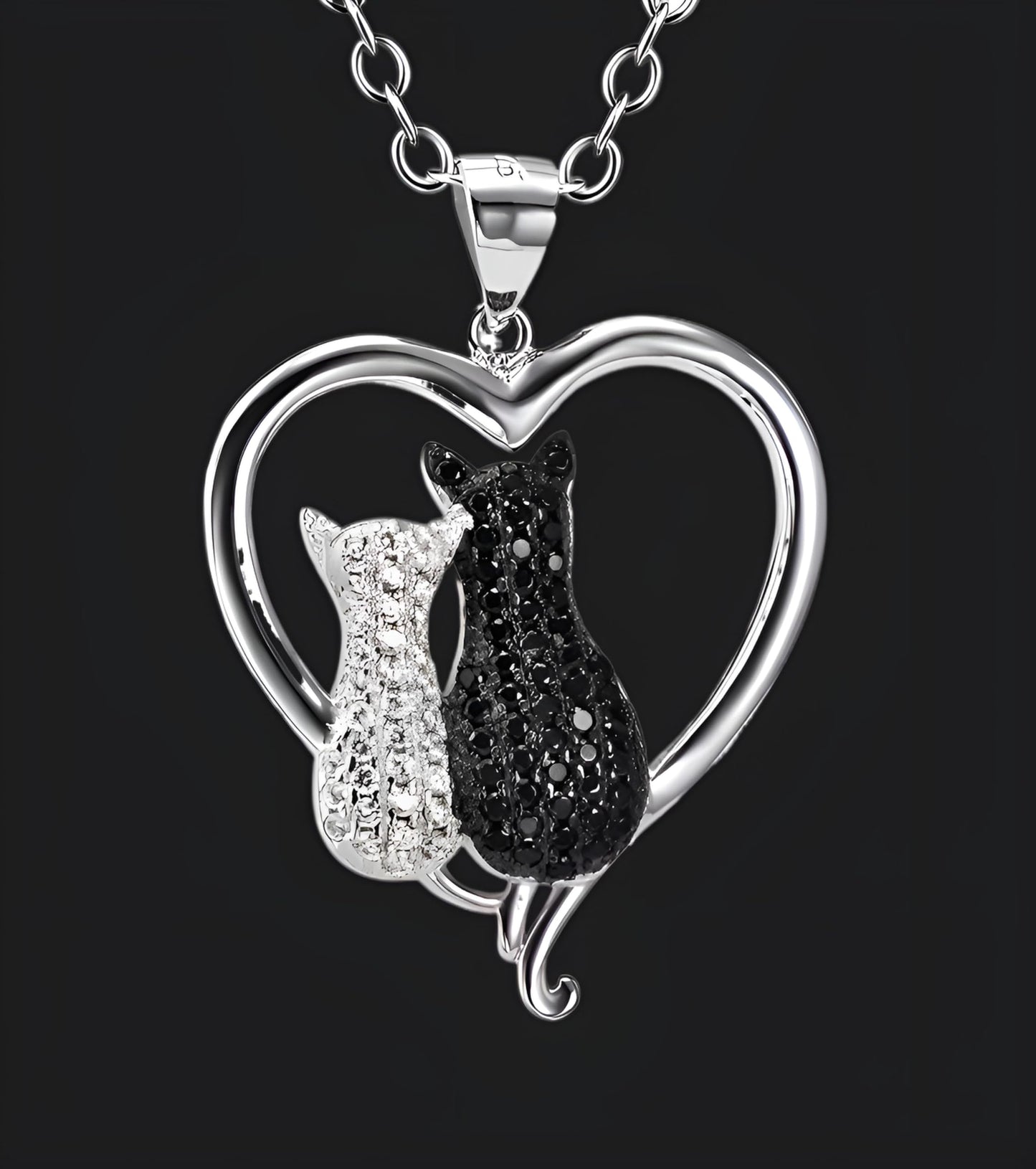 Stainless Steel Cat Moon Heart Star Flower Necklace with Crystal Pendant, 8 Designs - Cute Heart Necklace, With Black Cats, Charming in Rose Gold - Stylish Gift for Women & Party Accessory (Black and Silver Cat Bond)