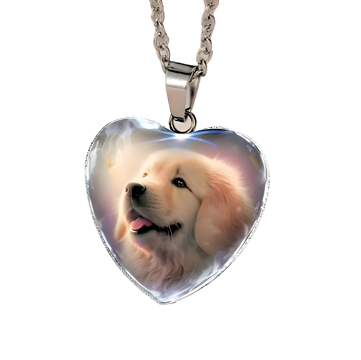 Heart-Shaped Pendant Necklace with Different Animals - Panda, Horse, Deer, Cat, Elephant, Dog Scenic Views, Stainless Steel Necklace with Glass Pendant - Christmas, Holiday, or Birthday Gift