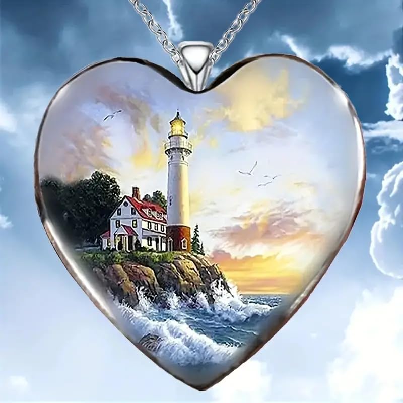 Vibrant Landscape Lighthouse Heart Pendant Necklace, Stainless Steel Chain - Christmas, Holiday, or Birthday Gift
