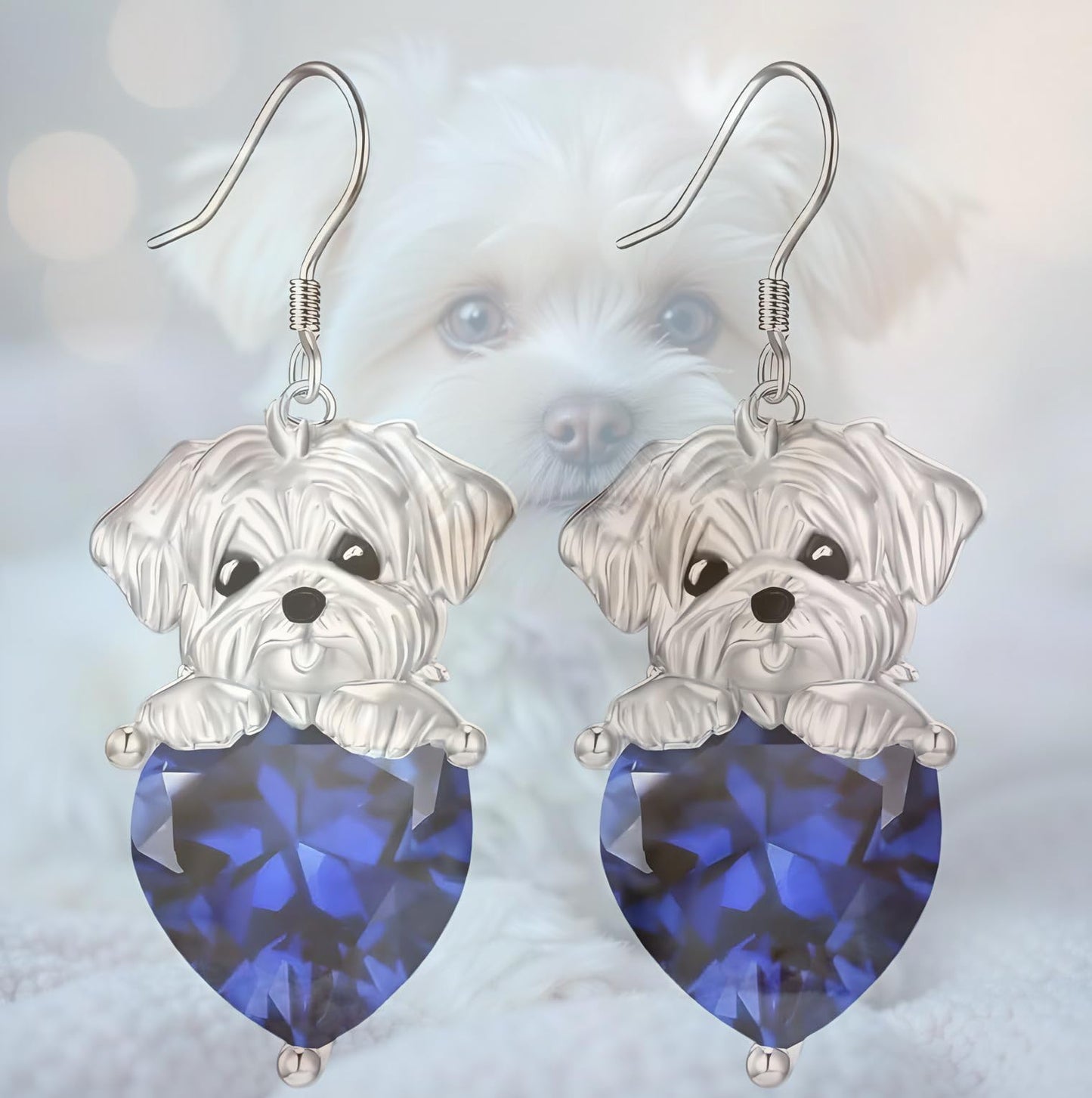 Decorative Dog Dangle Earrings, Blue Crystal Heart, Silver Shih Tzu Design