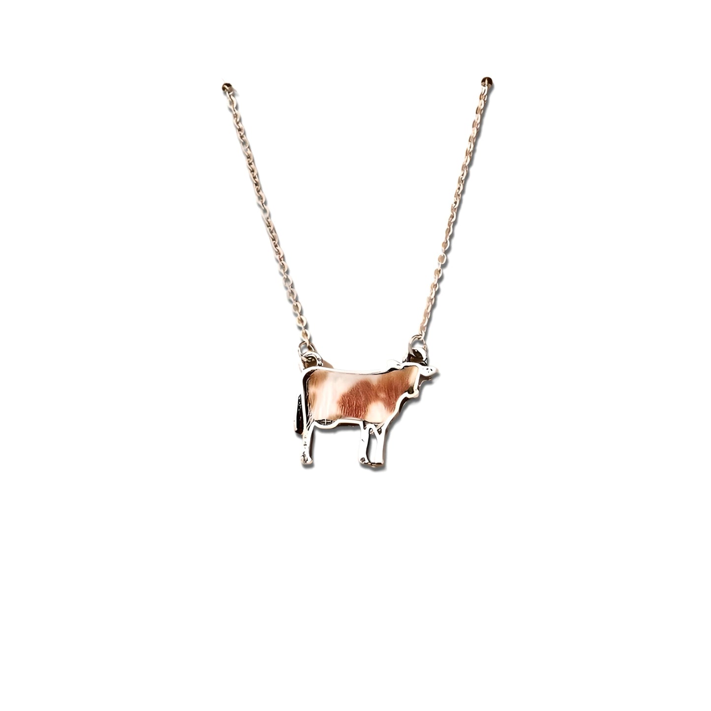 Western Farm Animal Pendant Necklace, Cow, Horse, Goat, and Pig Hide - Silver Chain, 15.35 inch + 1.97 inch Extension