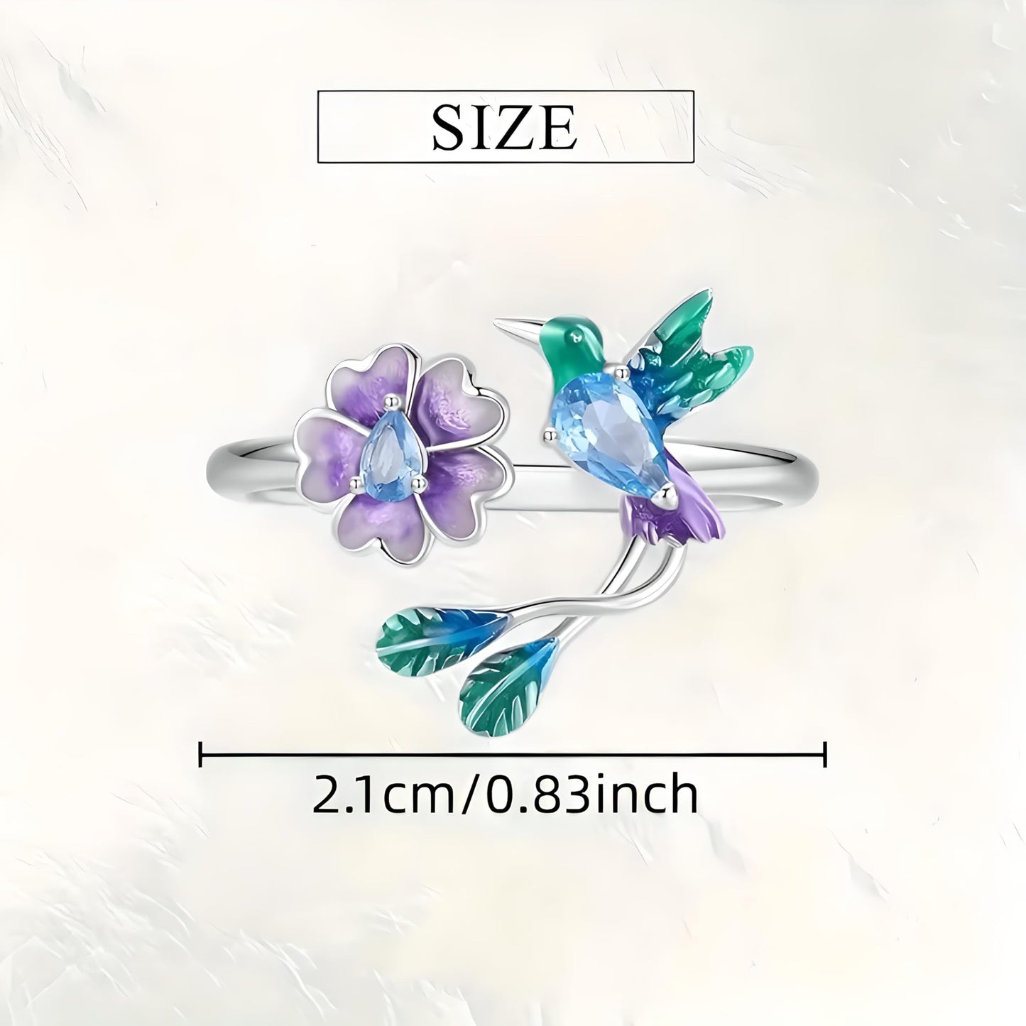 Sterling Silver Hummingbird Ring with Enamel Flowers, Adjustable, Turquoise and Purple