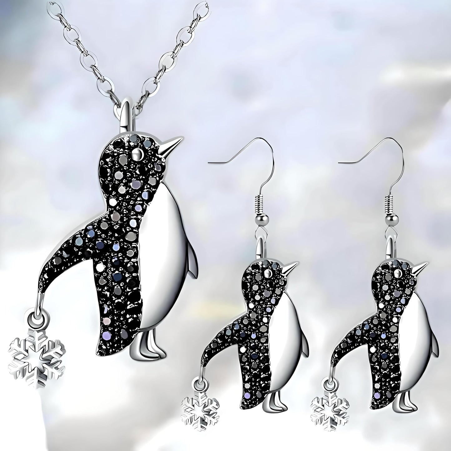 Crystal Penguin Jewelry Set, Silver Necklace and Earrings with Snowflake Charm, Black - Gift for Penguin Lovers