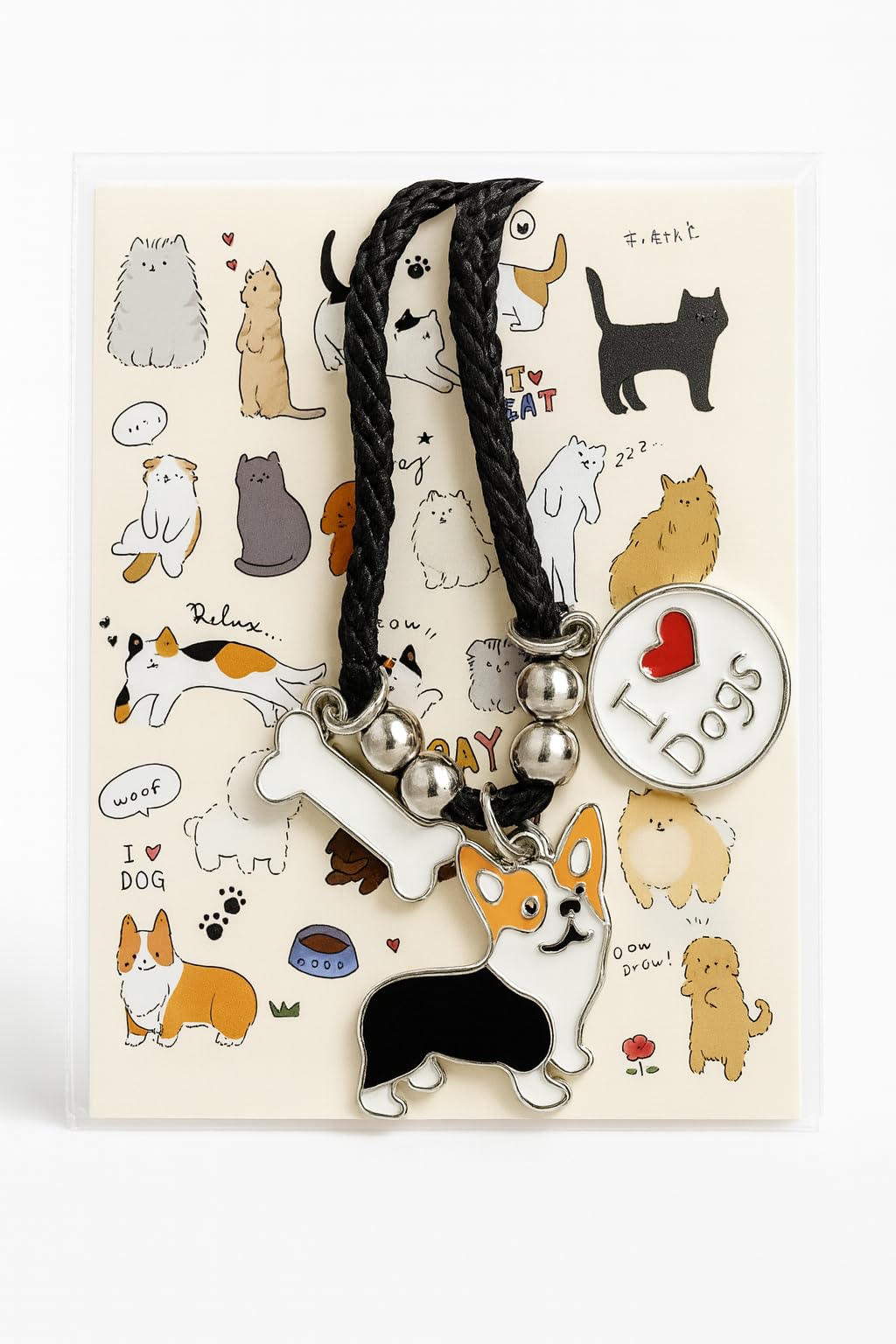 Pet Charm Bracelet with Dog Charms, Black Braided Band, I Love Dogs Design - Dog Lovers' Bracelet - Different Breeds of Dogs, Pet Lover Gift for Birthday and Holiday, Durable and Long-Lasting, Hypoallergenic and Nickel-Free, Everyday Wear (Corgi Pembroke)