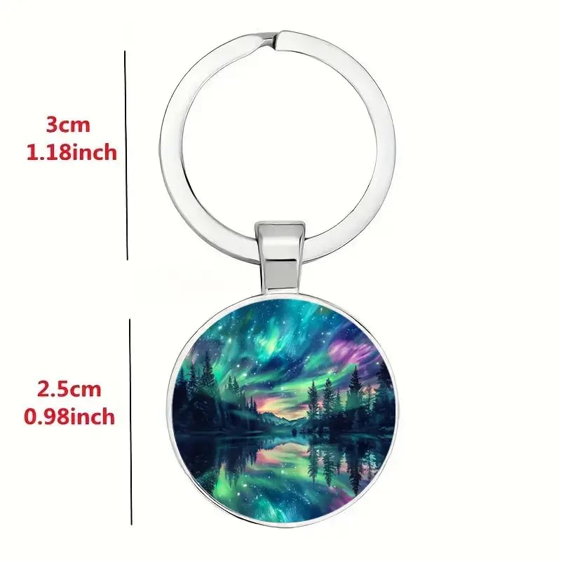 Mountain Sunset Stained Glass Art Keychain, Nature Scene Design, Round Pendant (Aurora Borealis)