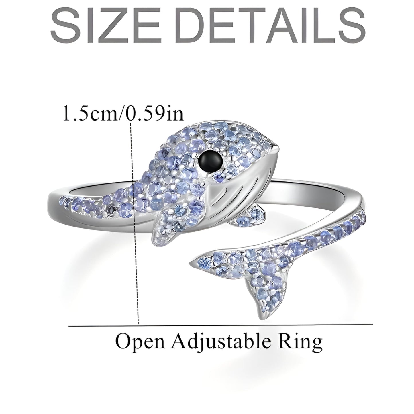 SUPAC Stainless Steel Whale Ring with Blue Crystal Stones, Open Adjustable Band, 1.5cm Size, Marine Animal Design