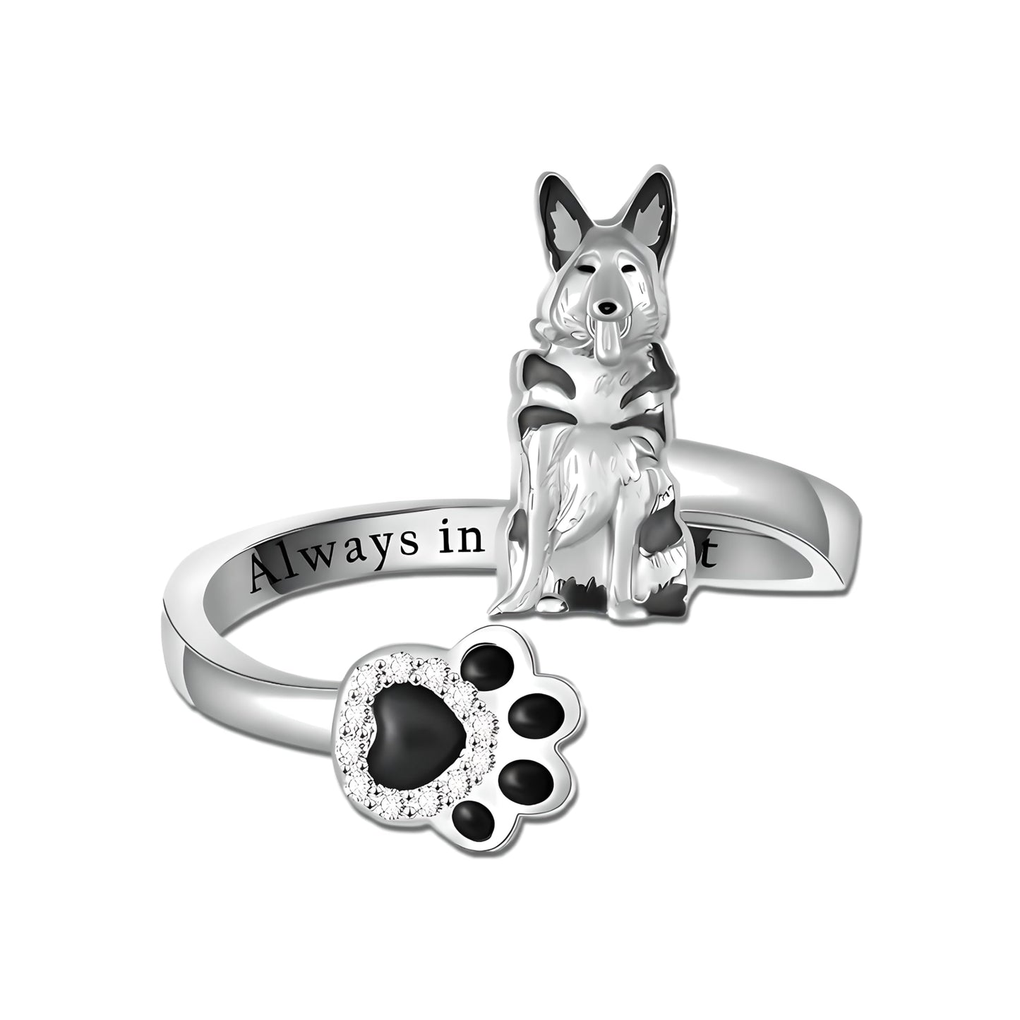 German Shepherd, Yorkie, Pug Dog Paw Adjustable Ring, Sterling Silver, Paw Print Design with Crystal Accents - Christmas, Birthday, or Party Ring