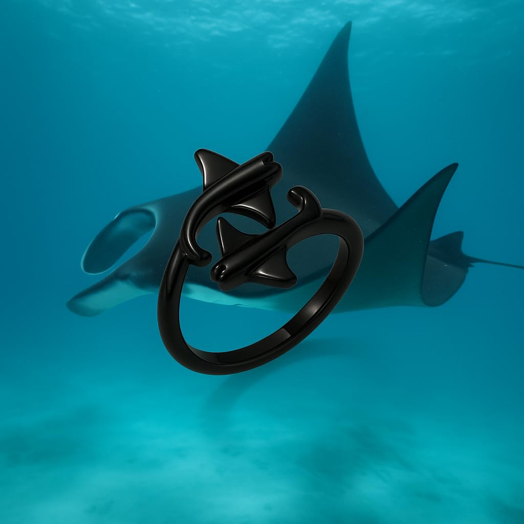 SUPAC Gold Silver Black Manta Ray Adjustable Ring, Adjustable Size, .43inch adjustable opening - Manta Ray Gift