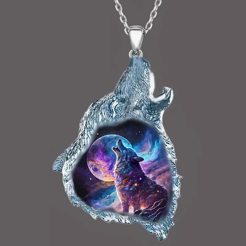 Wolf Howling Galaxy, Solar System, Snow Field, Pendant Necklace, Stainless Steel Chain - Christmas, Birthday, or Party Gift